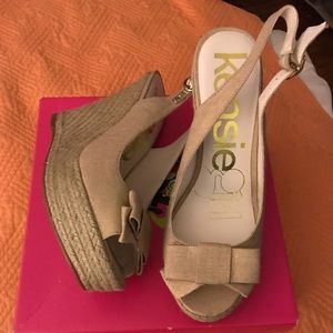 Gold sparkle linen wedge heels